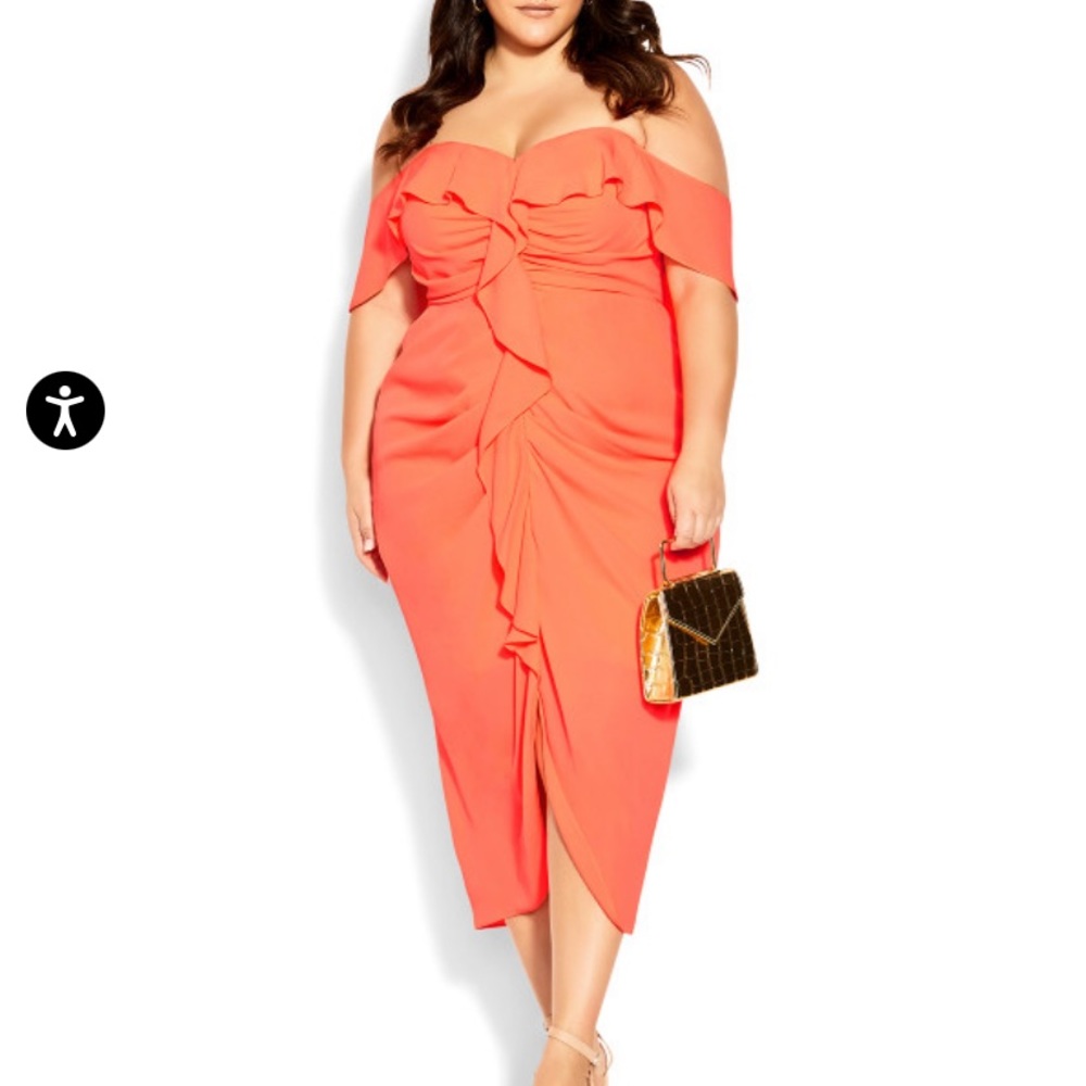 Hot pink orange off the shoulder VAVAVOOM dress city chic